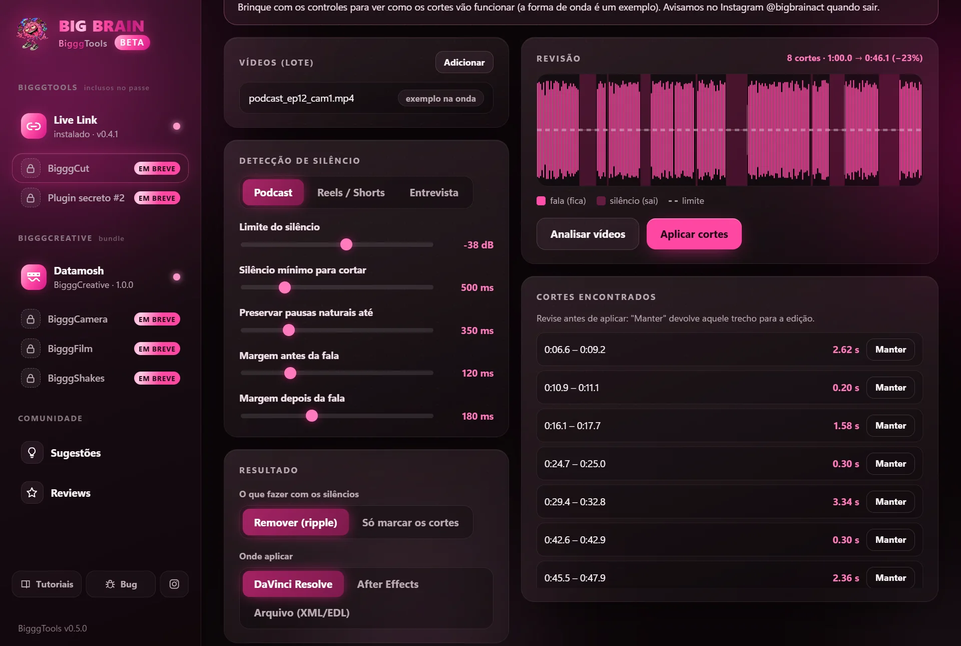 Prévia da interface do BigggCut no BigggTools