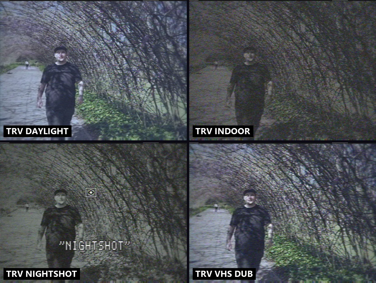 Os 4 looks TRV do Camera Sim: DAYLIGHT, INDOOR, NIGHTSHOT e VHS DUB