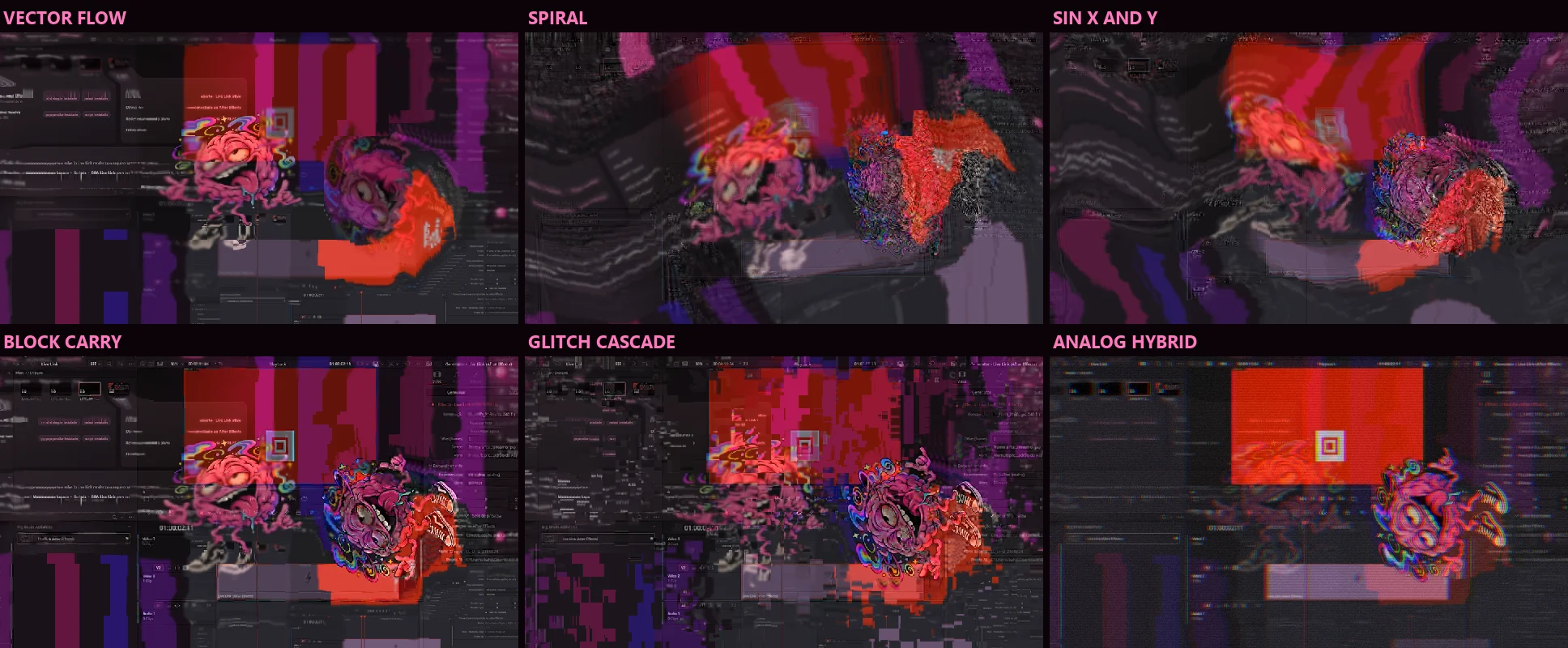 Seis presets do Datamosh no mesmo quadro da transição
