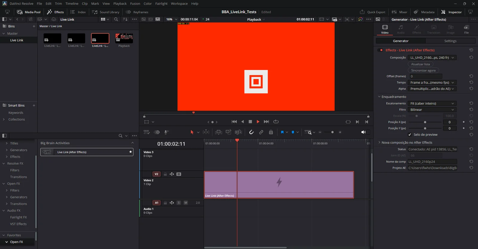Gerador Live Link no DaVinci Resolve