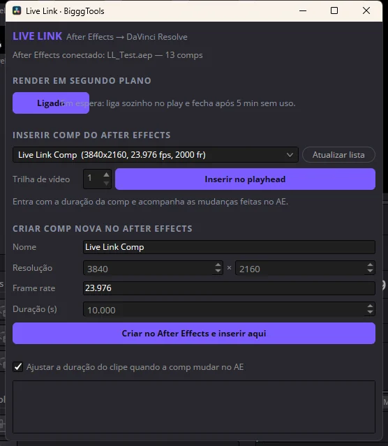 Painel BBA Live Link no DaVinci Resolve