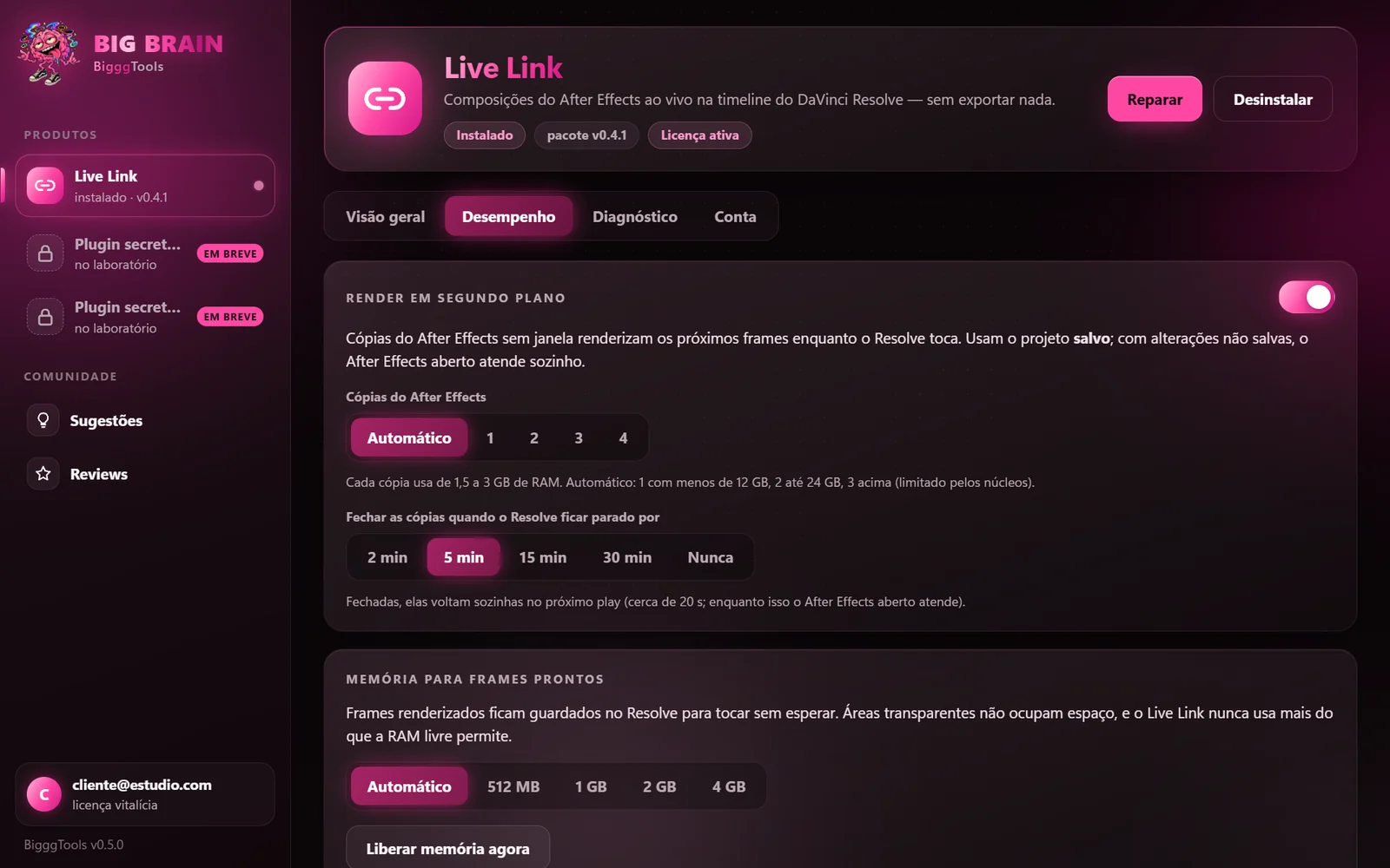 Aba Desempenho do launcher