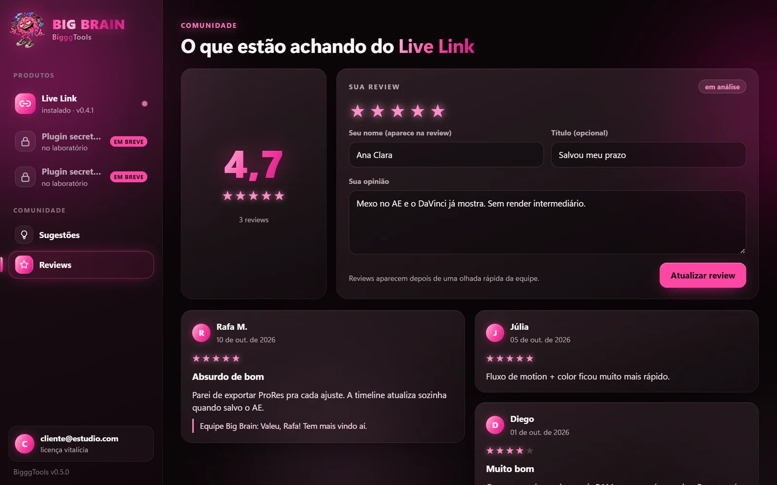 Reviews dentro do launcher