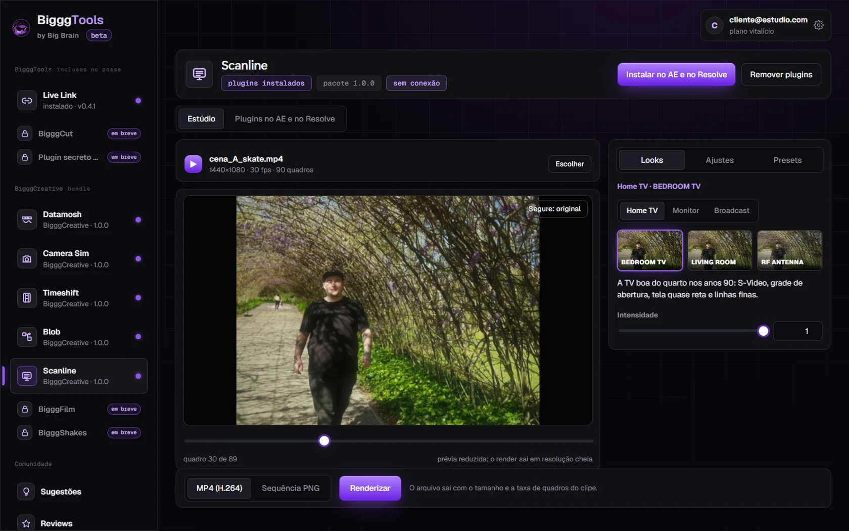 Estúdio do Scanline no BigggTools: prévia no clipe, looks e render
